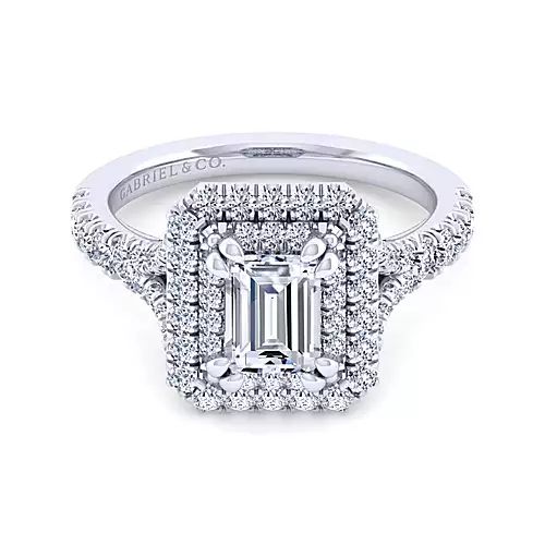 14k White Gold Double Halo Emerald Cut Diamond Engagement Ring |  Er12675e4w44jj | Gabriel & Co Intended For Emerald Rings With Double Halo (View 15 of 25)