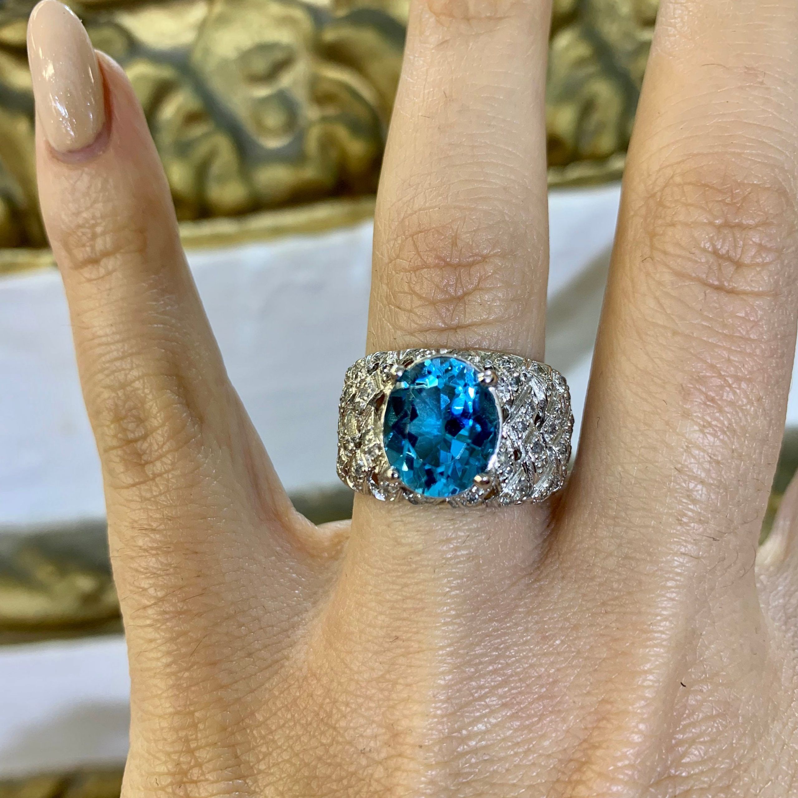 14kt White Gold Sky Blue Topaz And Diamond Woven Diamond Band – Etsy Pertaining To Blue Topaz Rings With Braided Gold Band (View 6 of 25)