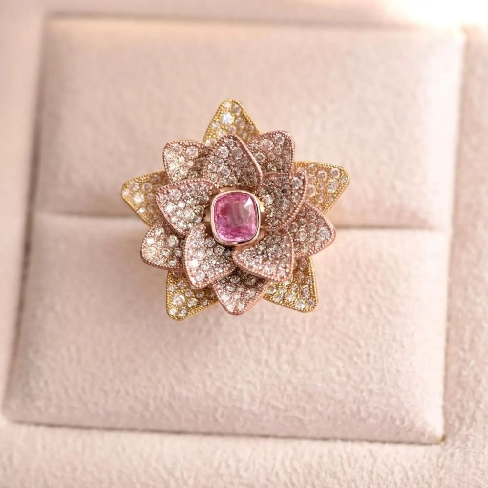 1,6 Carat Pink Sapphire Diamonds 18 Karat Rose Gold "lotus" Cocktail Ring D&a – Rings / D&a Style Jewelry Throughout Pink Sapphire And Rose Gold Cocktail Rings (View 18 of 25)