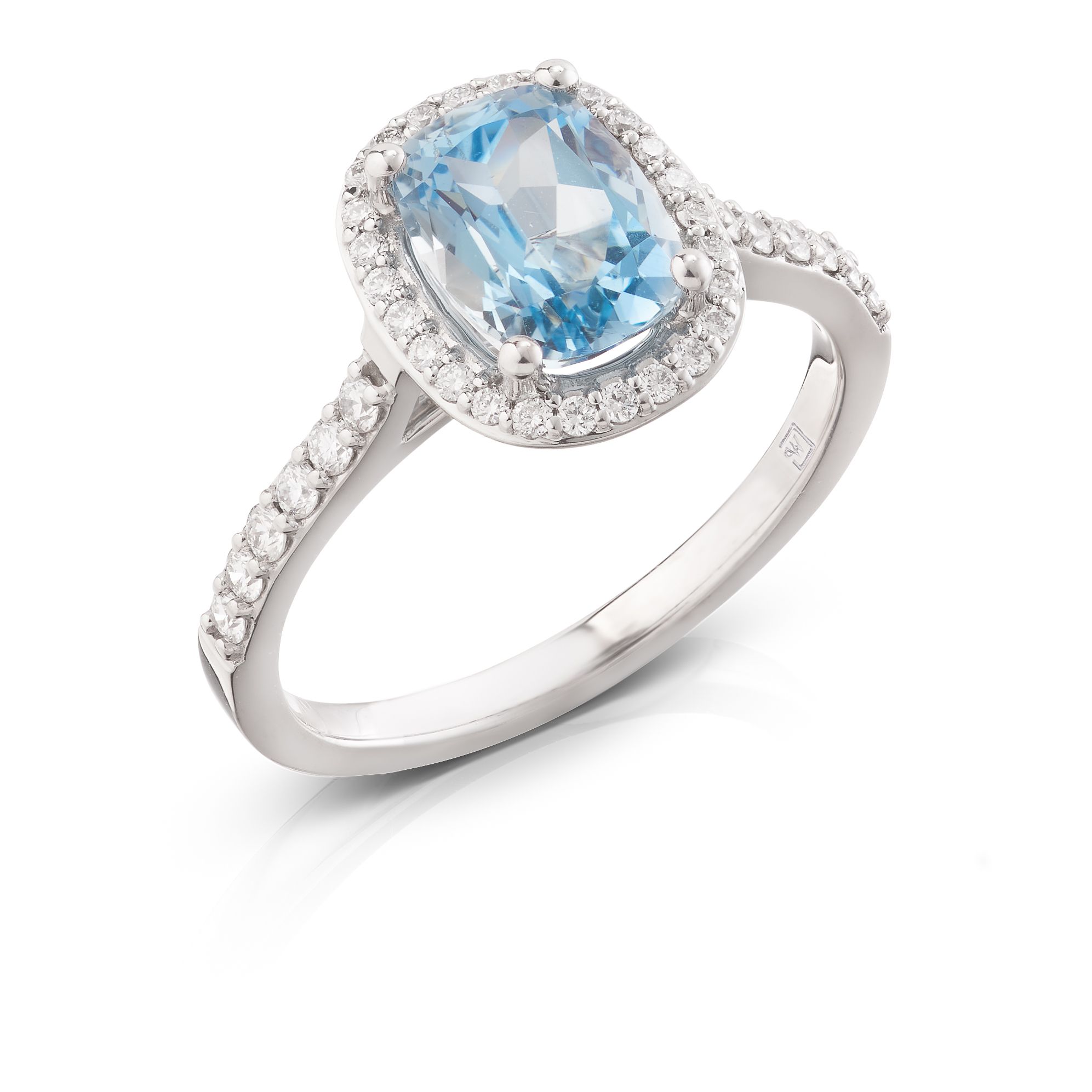 18ct White Gold Custom Made Halo Ring With One Cushion Cut Aquamarine And  Round Diamond Halo And Band (View 4 of 25)