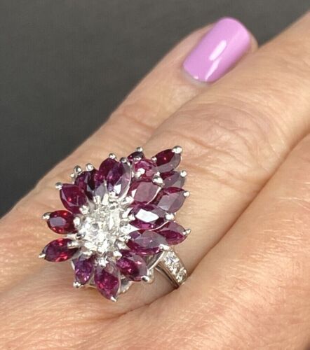 18k White Gold Pear Cut Diamond Marquise Ruby Spray Vintage Cocktail Ring  Size 6 | Ebay Intended For Ruby And Diamond Flower Cocktail Rings (View 12 of 25)