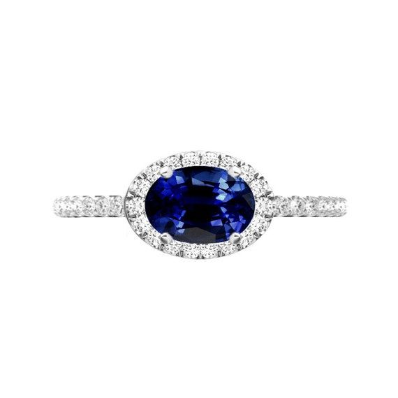 2 Carat Oval Blue Sapphire & Diamond Halo East West Ring 14k – Etsy Ireland With Regard To East West Oval Sapphire Rings (View 2 of 25)