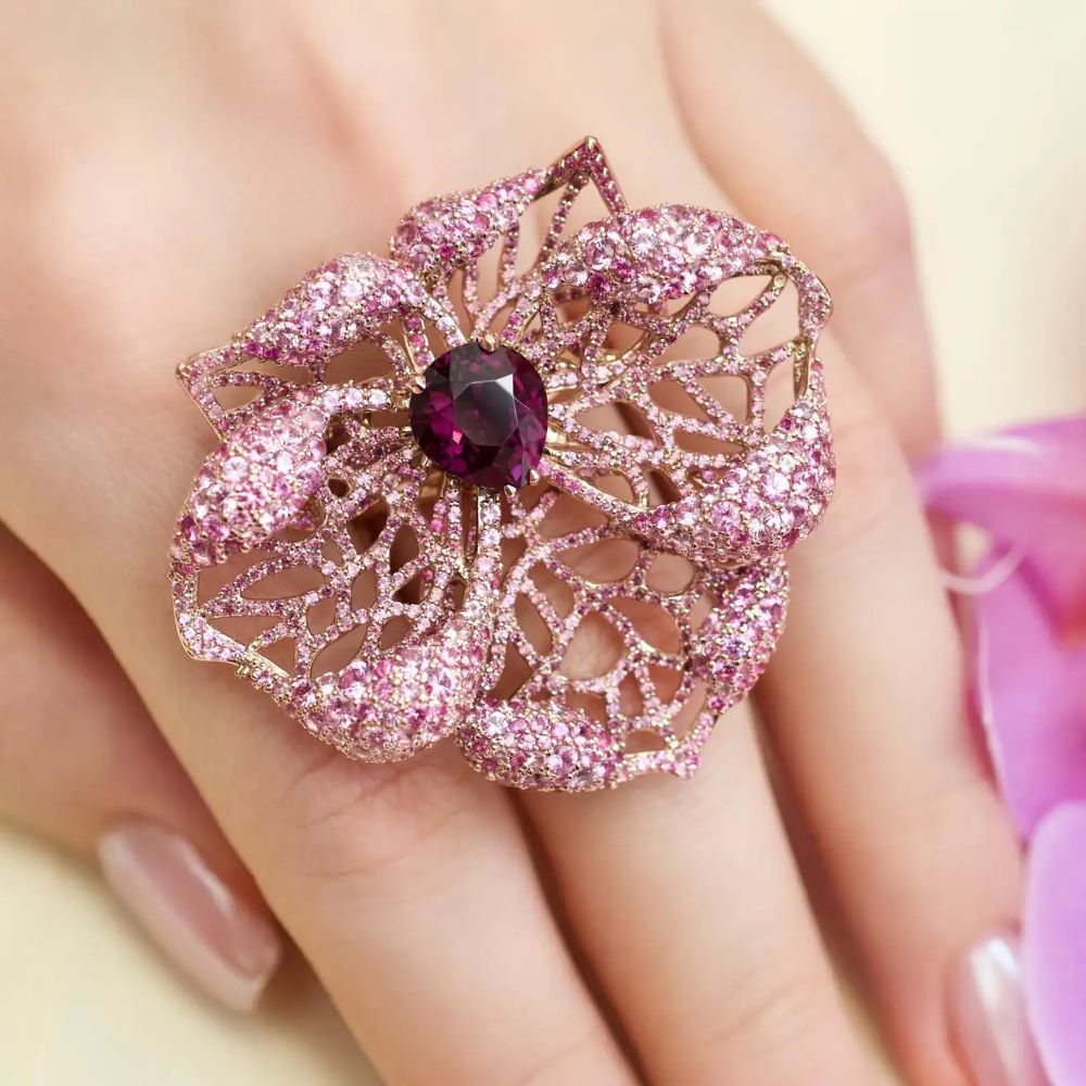 3 Carat Purple Spinel Pink Sapphire 18 Karat Rose Gold Flower Cocktail Ring  In 2022 | Pink Sapphire, Cocktail Jewelry, Cocktail Rings With Regard To Pink Sapphire And Rose Gold Cocktail Rings (View 10 of 25)