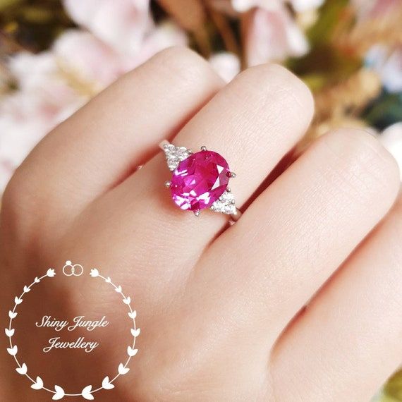 3 Carats Genuine Lab Grown Oval Cut Pink Sapphire Three Stone – Etsy Throughout Stackable Oval Cut Pink Sapphire Rings (View 20 of 25)
