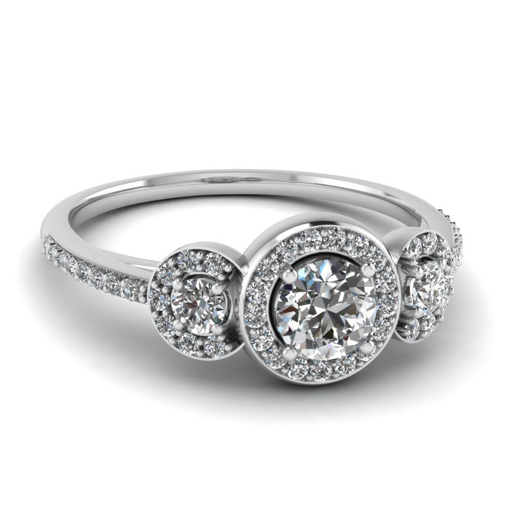 3 Stone Diamond Petite Halo Vintage Wedding Ring In 18k White Gold |  Fascinating Diamonds In Petite 3 Diamonds Rings With Pave (View 3 of 25)