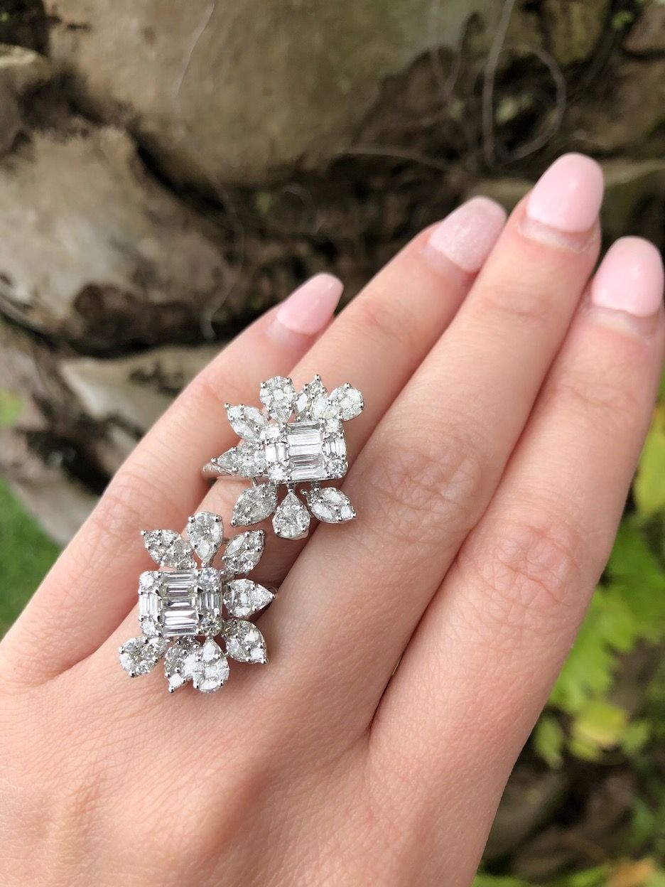 4 Big Baguette Centric Nature Inspired Cluster Diamond Rings For Diamond Cluster Rings (View 18 of 25)