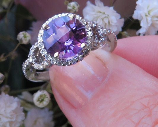 8mm Checkerboard Faceted Round Amethyst Diamond Halo Ring In 14k White Gold  (gr 2048) Intended For Amethyst And Diamonds Rings (View 20 of 25)