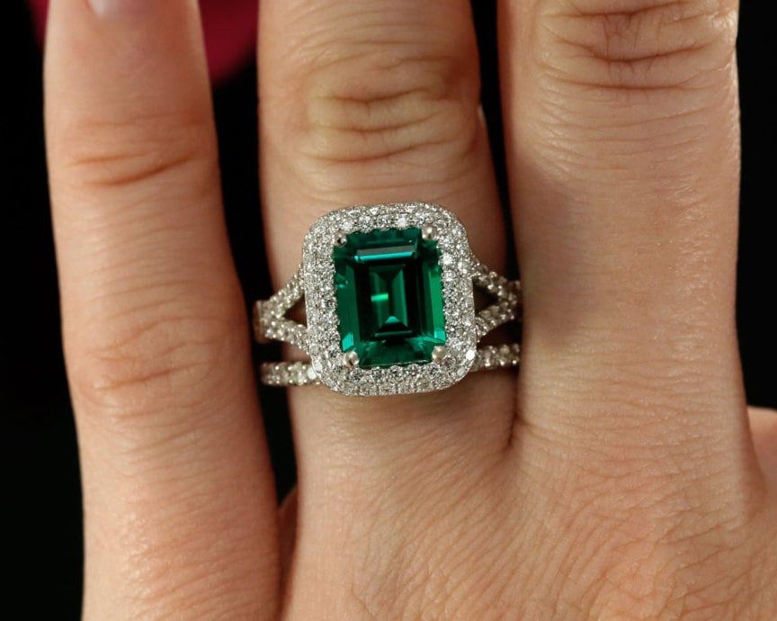 9x7mm Emerald Chatham Emerald Double Halo Engagement Ring With – Etsy Within Emerald Rings With Double Halo (View 20 of 25)