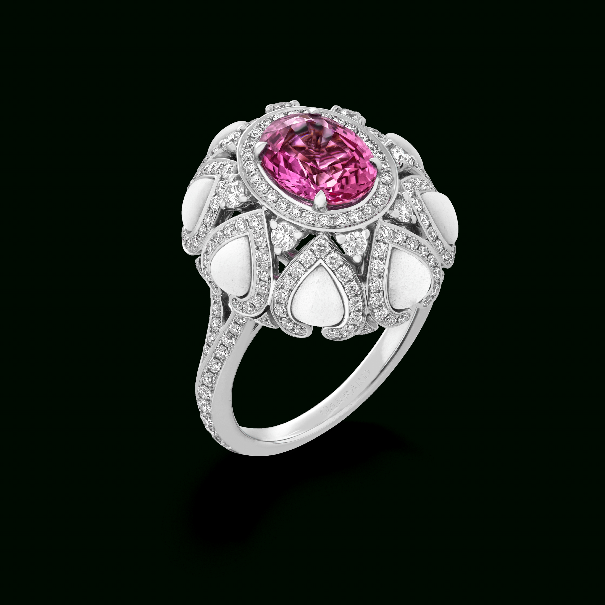Aloria Pink Sapphire Cocktail Ring | In 18ct White Gold With Diamonds And  Cacholong Opal | Garrard Pertaining To Pink Sapphire And Rose Gold Cocktail Rings (Photo 25 of 25)
