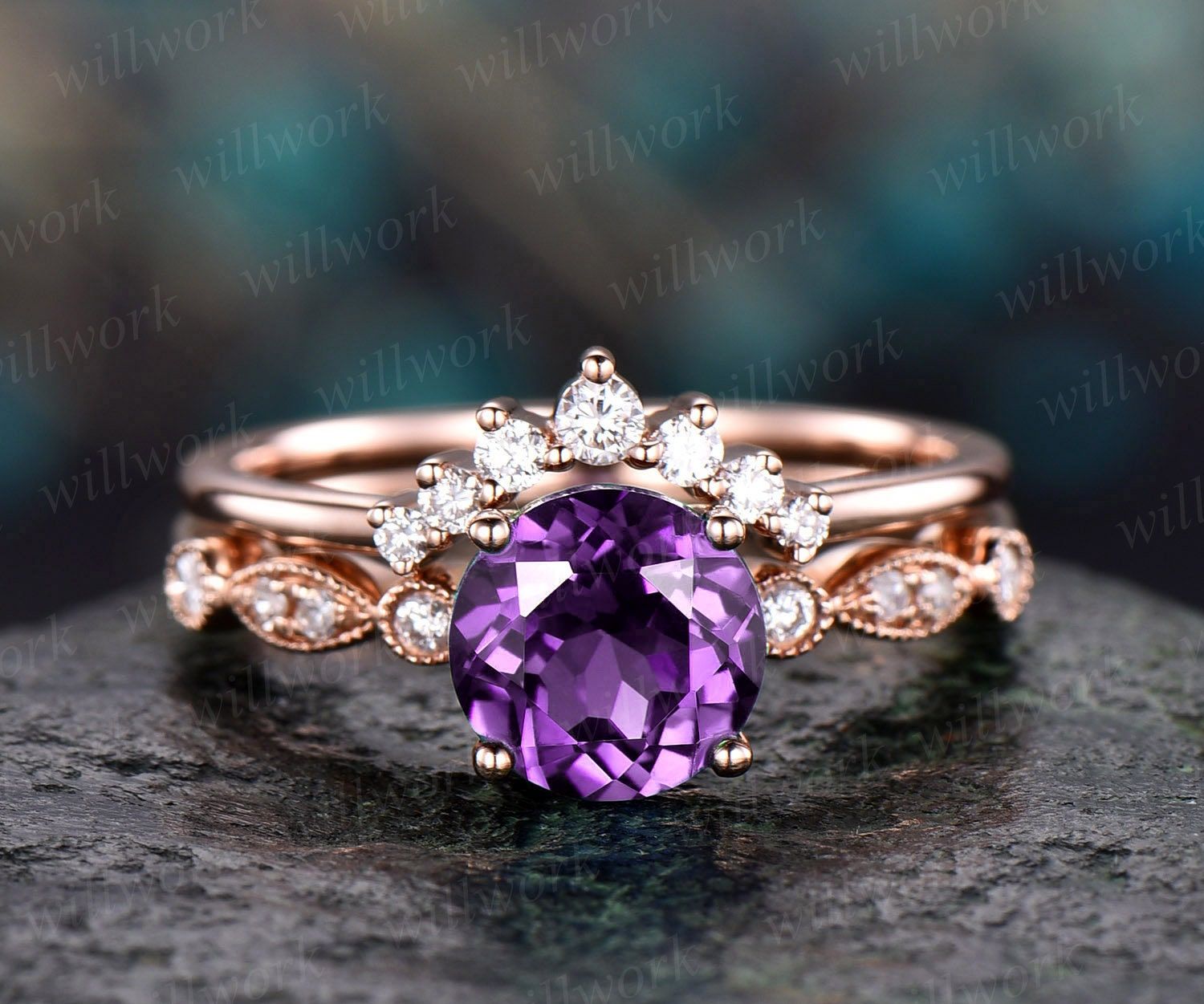 Amethyst Engagement Ring Set Rose Gold Amethyst Ring Vintage – Etsy Norway Regarding Amethyst And Diamonds Rings (View 21 of 25)