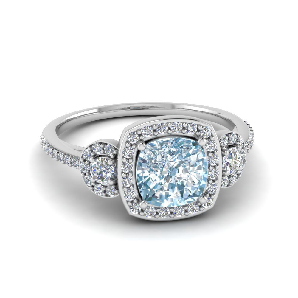 Aquamarine 3 Stone Pave Halo Diamond Wedding Ring In 14k White Gold |  Fascinating Diamonds In Aquamarine And Diamond Cushion Halo Rings (View 6 of 25)