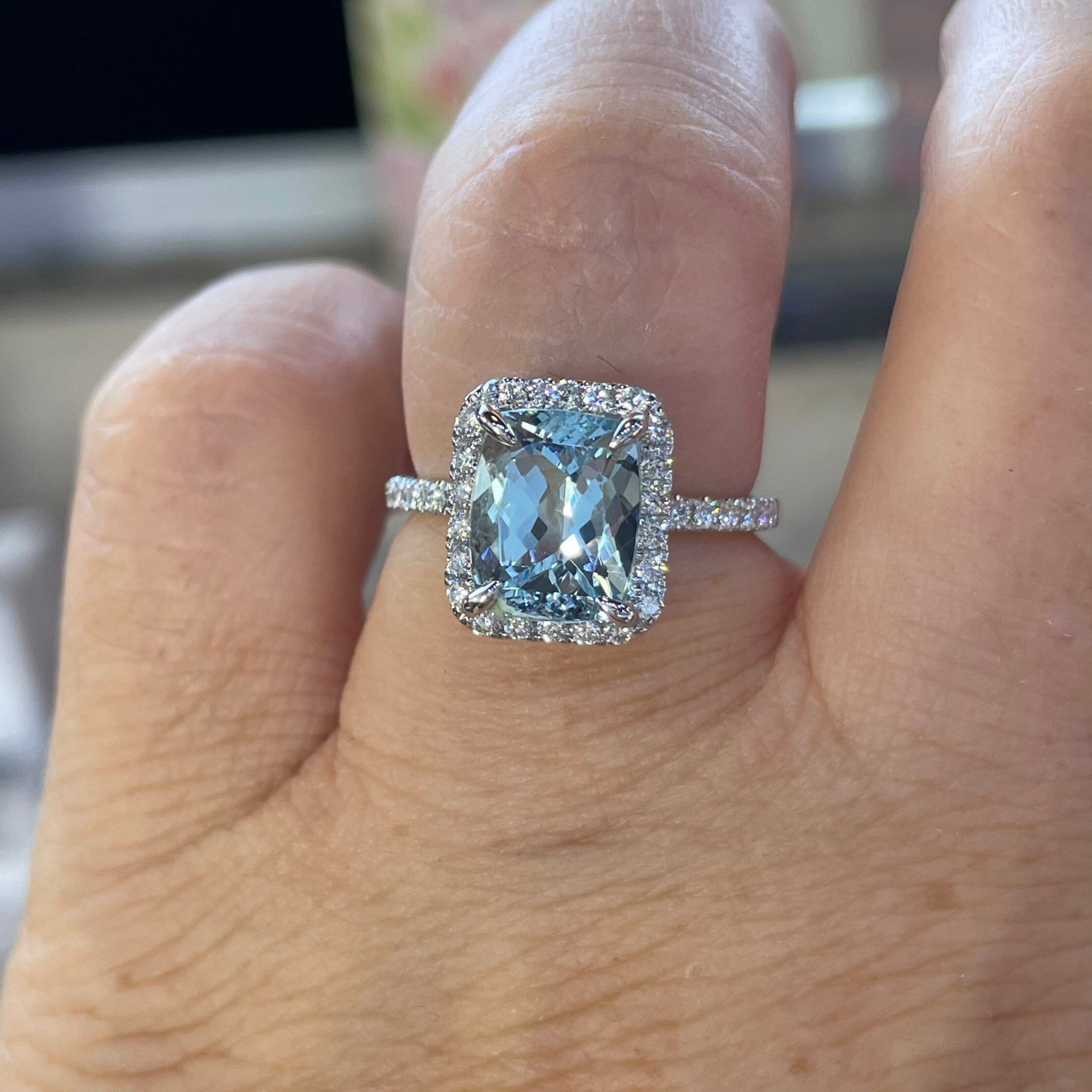 Aquamarine Diamond Ring Aquamarine Engagement Ring White – Etsy Inside Aquamarine And Diamond Cushion Halo Rings (View 22 of 25)