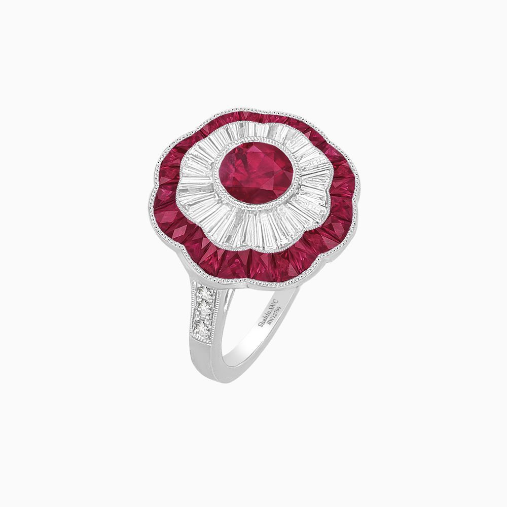 Art Deco Flower Cocktail Diamond Ring – Ruby – Vintage & Antique Jewelry Intended For Ruby And Diamond Flower Cocktail Rings (View 11 of 25)