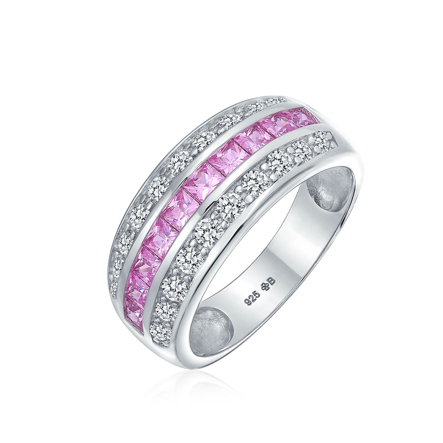 Art Deco Pink Simulated Tourmaline Aaa Cubic Zirconia Half Eternity Channel  Set Princess Cut Cz Dome 3 Row Wide Statement Wedding Band Ring For Women  .925 Sterling Silver Comfort Fit 8mm – Walmart With Pink Sapphire Semi Eternity Rings (Photo 25 of 25)