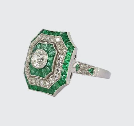 Art Deco Style Emerald And Diamond Cluster Square Cocktail Ring In Diamond Cluster Square Cocktail Rings (View 16 of 25)