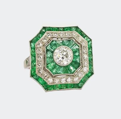 Art Deco Style Emerald And Diamond Cluster Square Cocktail Ring With Diamond Cluster Square Cocktail Rings (View 13 of 25)