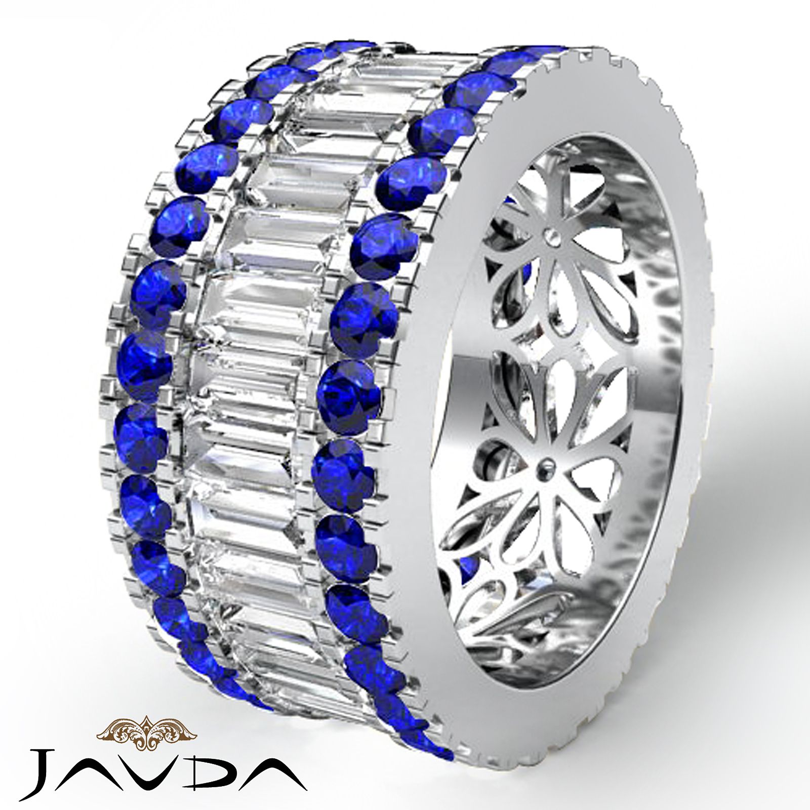 Baguette Round Sapphire Diamond Eternity Band 18k W Gold Wedding Ring  (3.78ct. Tw (View 19 of 25)