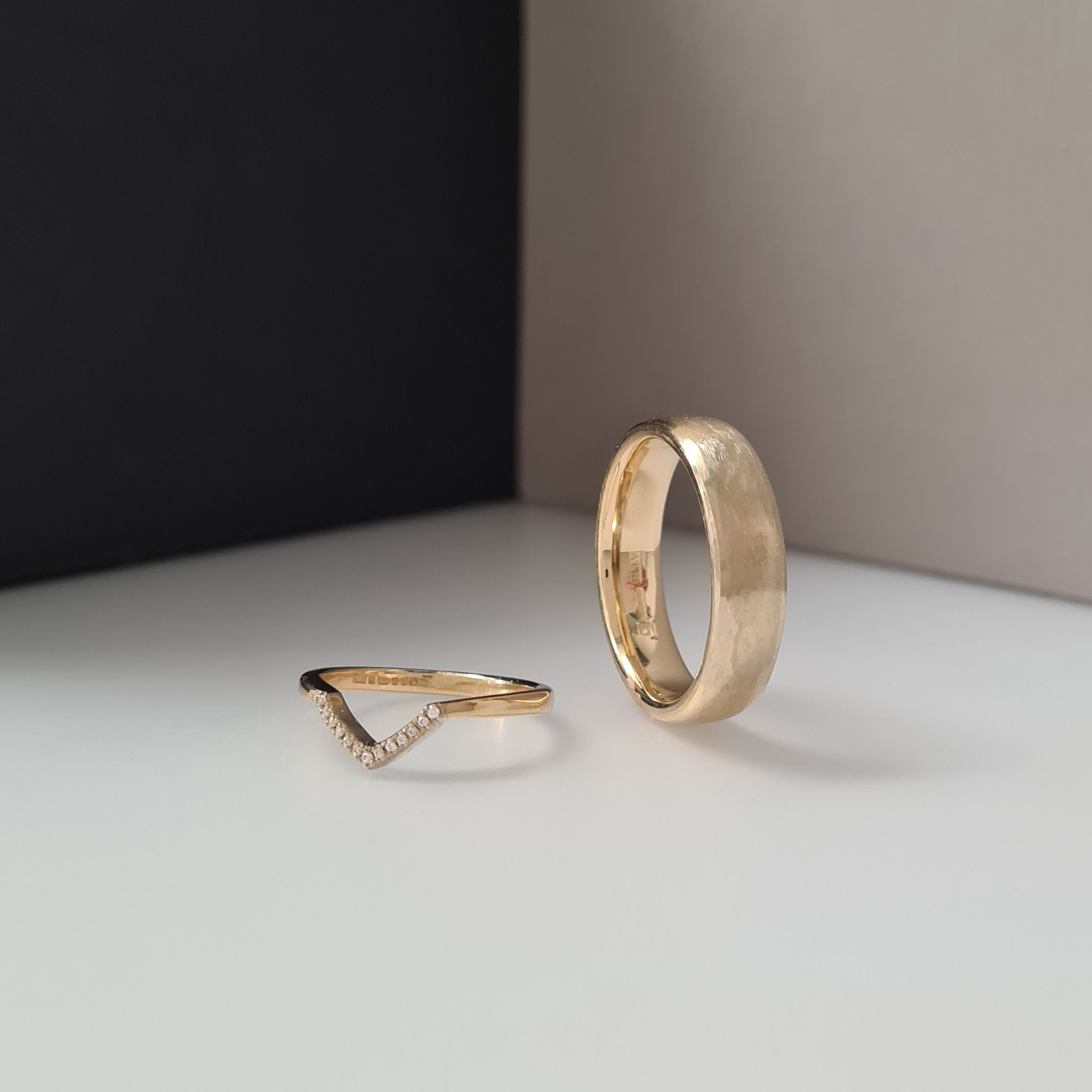 Bespoke Ethical Two Tone Arc And V Shaped Rings In Fairtrade Gold Intended For V Shaped Rings With Diamond Pave (Photo 25 of 25)