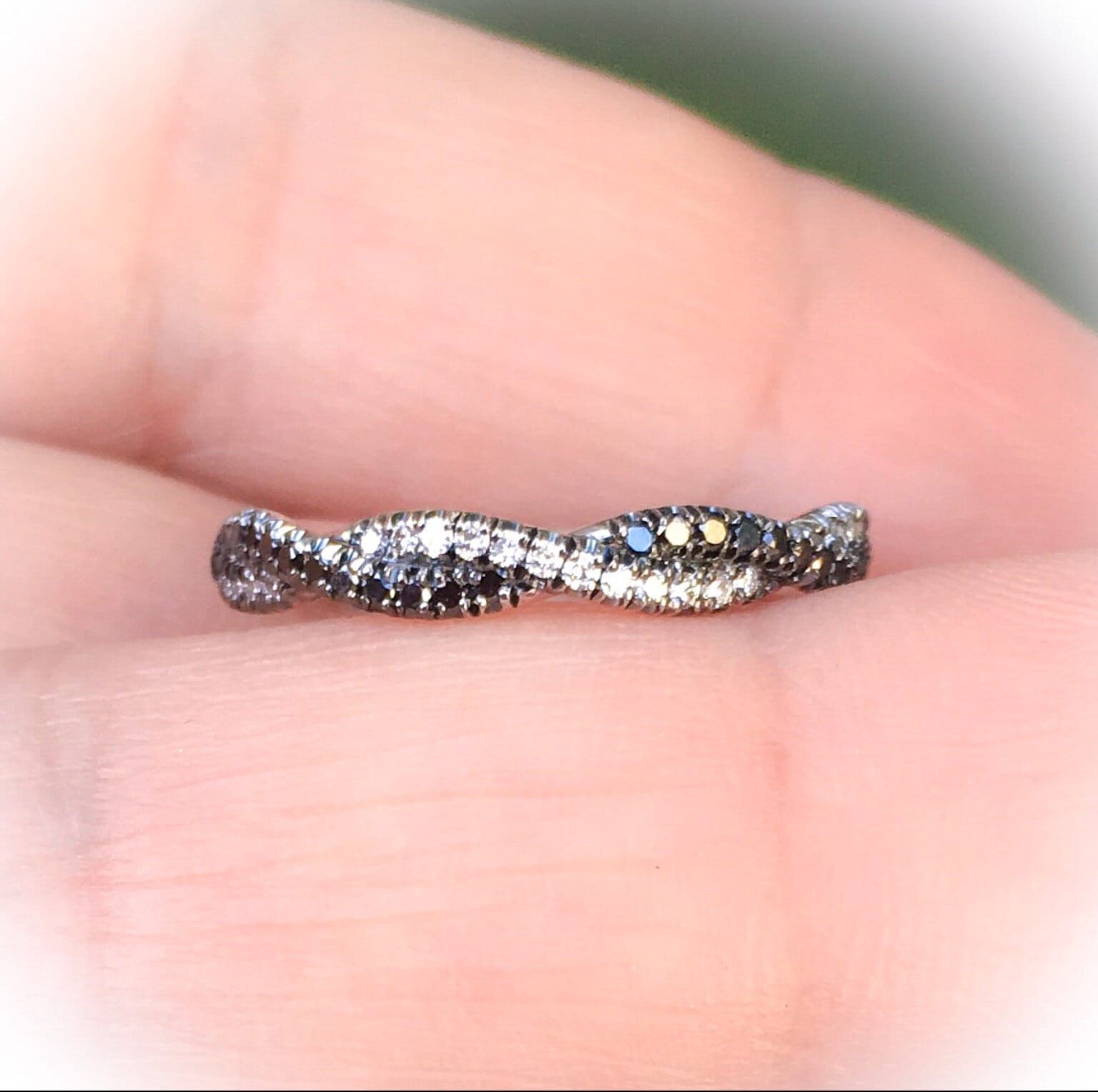 Black And White Diamond Twist Ring Pave Half Eternity/ Unique – Etsy Pertaining To Stackable Diamond Twist Band Rings (View 13 of 25)