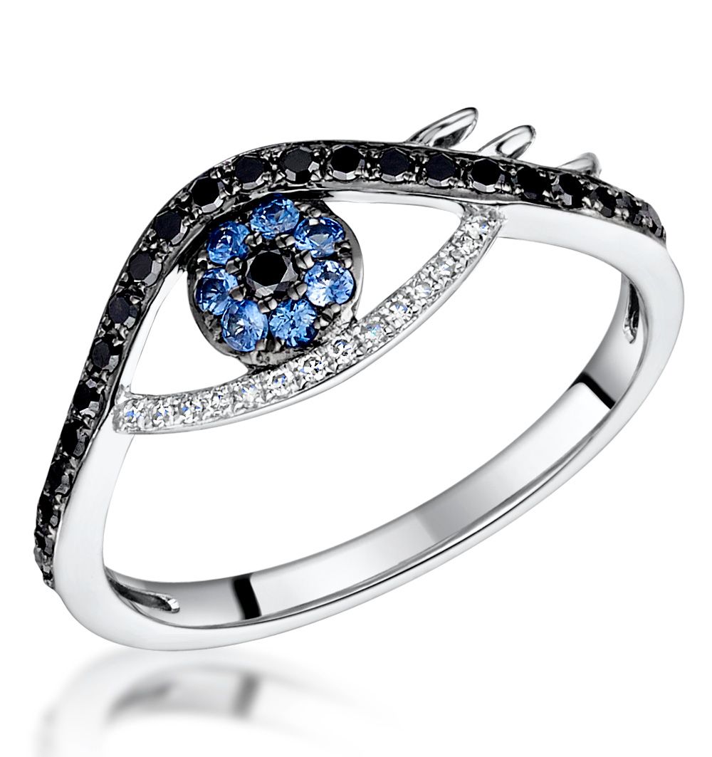 Black Diamond Sapphire Evil Eye Hamsa Stellato Ring In 9k White Gold Intended For Evil Eye Sapphire And Diamond Rings (View 16 of 25)