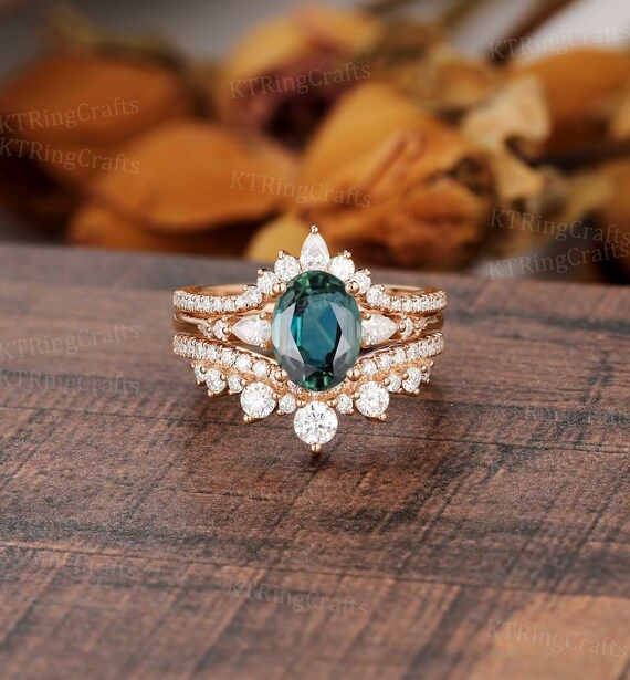Blue Green Sapphire Engagement Ring Setvintage Teal Sapphire – Etsy Throughout Stackable Green Sapphire Rings (View 4 of 25)