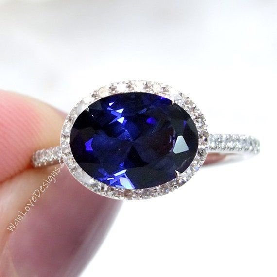 Blue Sapphire & Diamond East West Oval Halo Engagement Ring – Etsy Regarding East West Oval Sapphire Rings (View 9 of 25)