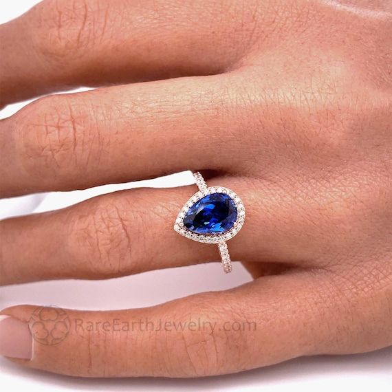 Blue Sapphire Engagement Ring Diamond Halo Pear Cut Sapphire – Etsy Intended For Pear Shape Sapphire Halo Rings (View 2 of 25)