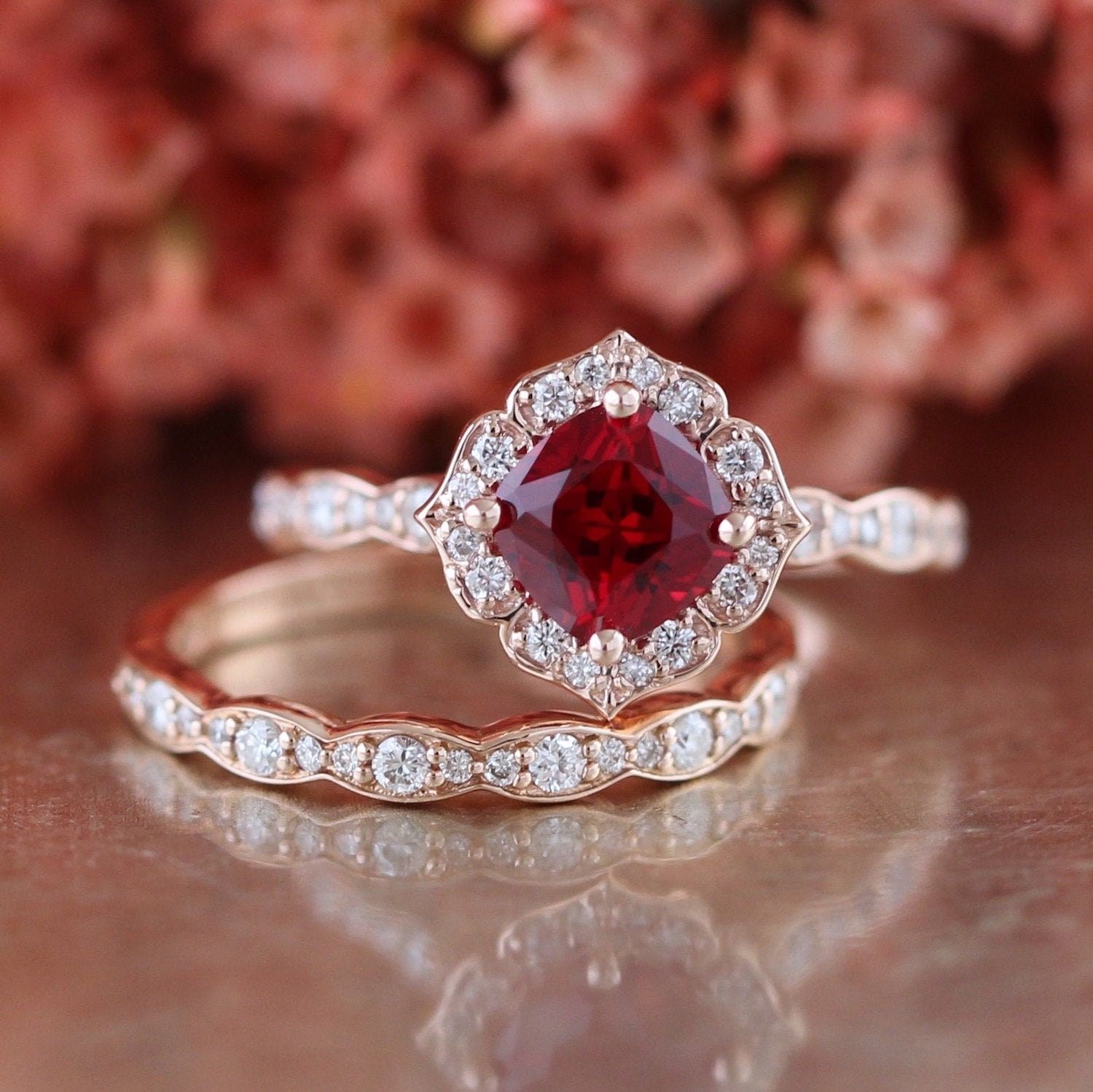 Bridal Set Vintage Floral Ruby Engagement Ring And Scalloped – Etsy In Ruby Halo Rings (View 13 of 25)