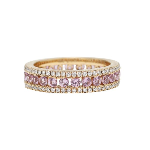 Burdeen's Jewelry – 18k Rose Gold Round Pink Sapphire Center & Diamond  Borders Eternity Band Throughout Pink Sapphire Semi Eternity Rings (View 11 of 25)