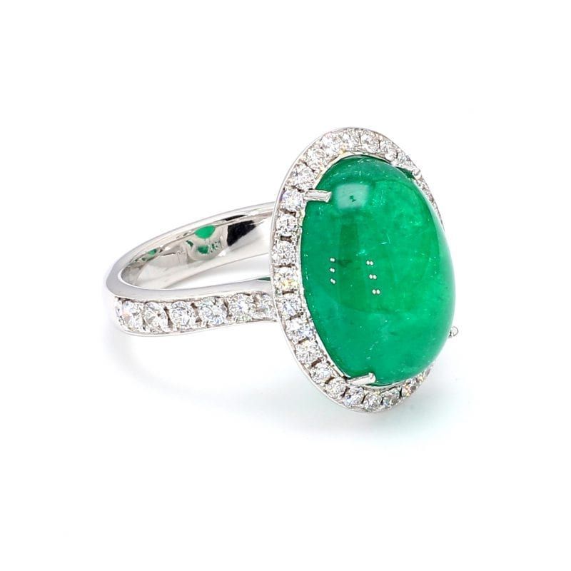 Cabochon Emerald And Diamond Halo Ring In 18kt White Gold – Bailey's Fine  Jewelry Intended For Emerald Cabochon Halo Rings (View 7 of 25)