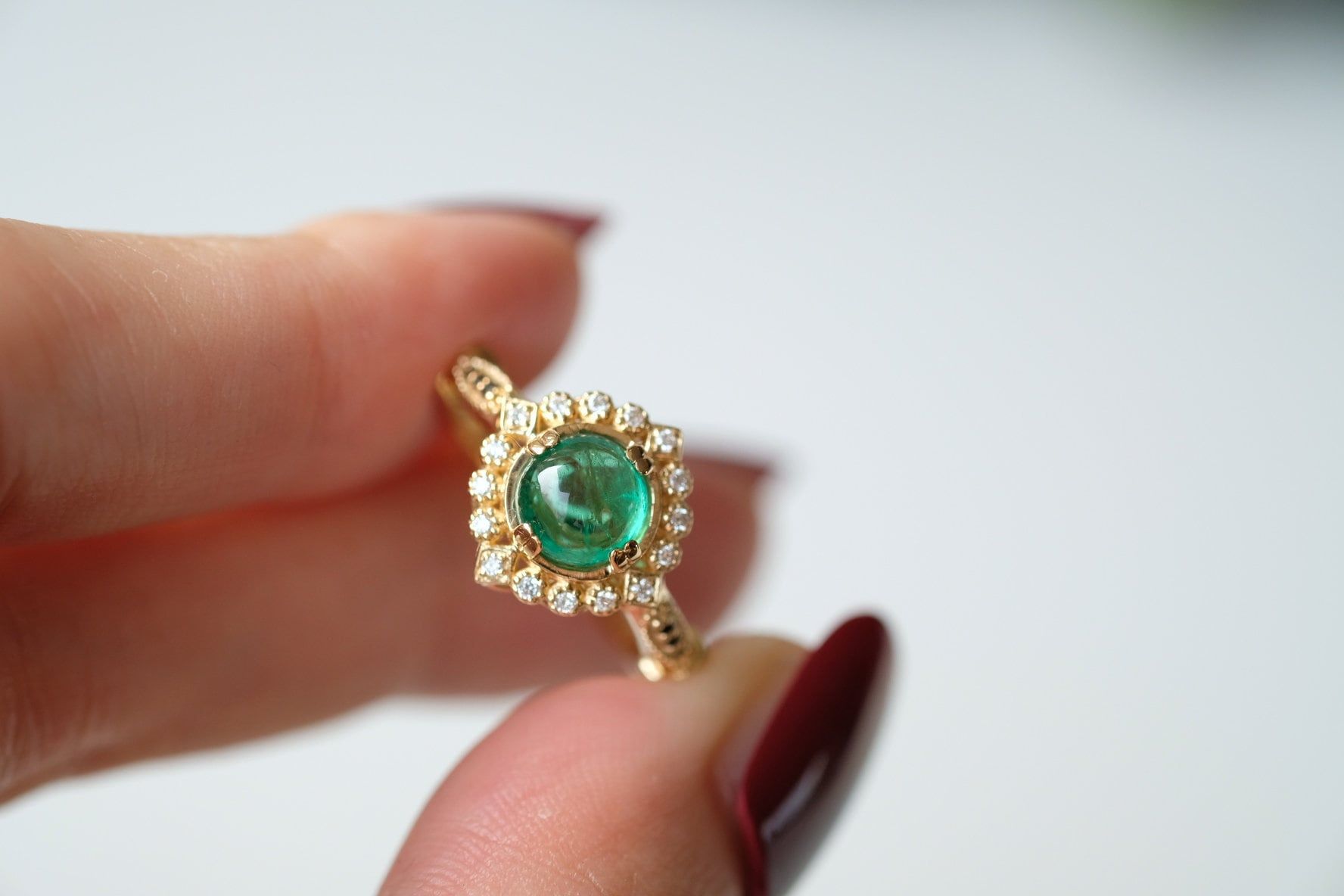 Cabochon Emerald Engagement Ring Green Stone Ring Yellow Gold – Etsy Finland Throughout Emerald Cabochon Halo Rings (View 23 of 25)