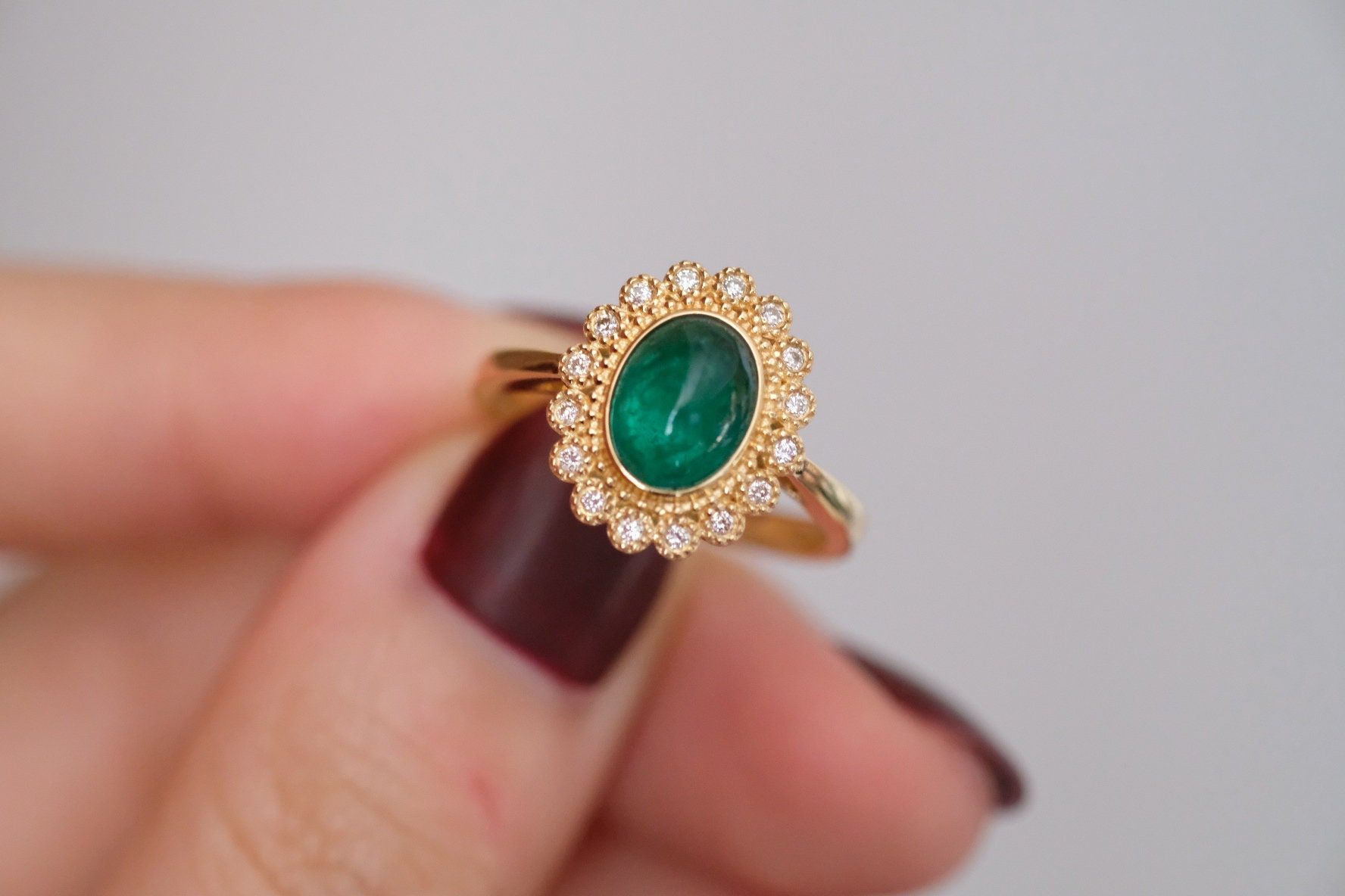 Cabochon Emerald Engagement Ring Green Stone Ring Yellow Gold – Etsy Hong  Kong With Regard To Emerald Cabochon Halo Rings (View 12 of 25)