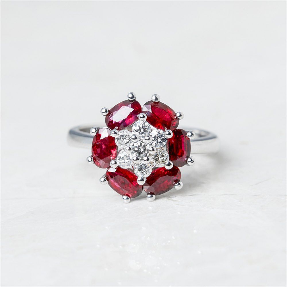 Candame 18k White Gold Ruby & Diamond Flower Design Cocktail Ring Com847 |  Second Hand Jewellery Throughout Ruby And Diamond Flower Cocktail Rings (View 21 of 25)