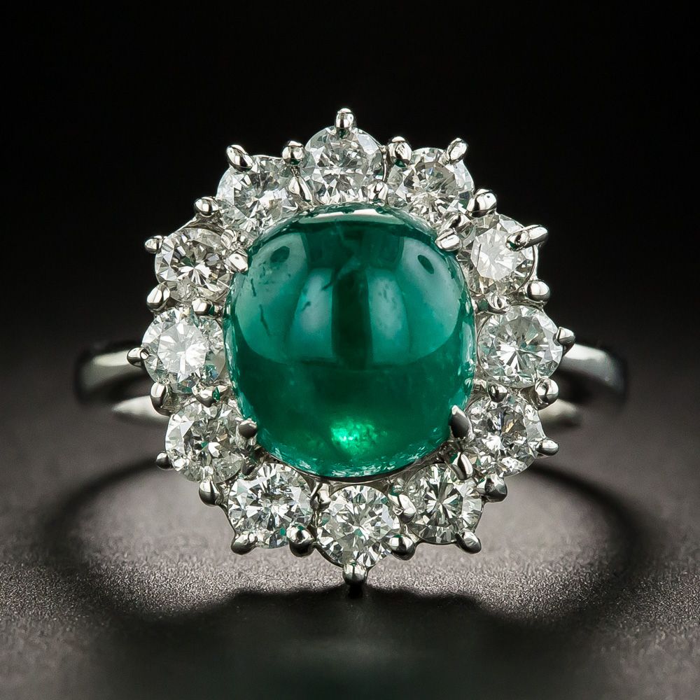 Colombian Cabochon Emerald And Diamond Halo Platinum Ring In Emerald Cabochon Halo Rings (View 1 of 25)