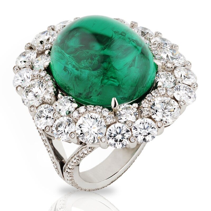 Colours Of Love Platinum Cabochon Emerald Halo Ring Set With Diamonds |  Fabergé With Emerald Cabochon Halo Rings (View 10 of 25)
