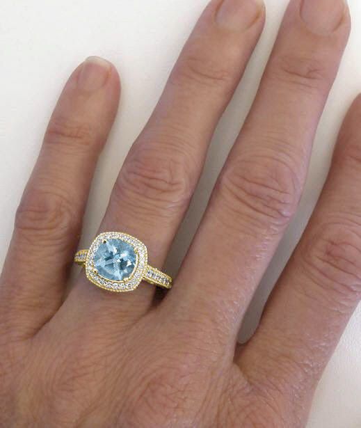 Cushion Aquamarine And Diamond Ring With Filigree Design In 14k Yellow Gold  (gr 1141) For Aquamarine And Diamond Cushion Halo Rings (View 5 of 25)