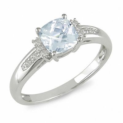 Cushion Cut Aquamarine And Diamond Engagement Ring In 10k White Gold | Zales Pertaining To Aquamarine And Diamond Cushion Halo Rings (View 18 of 25)
