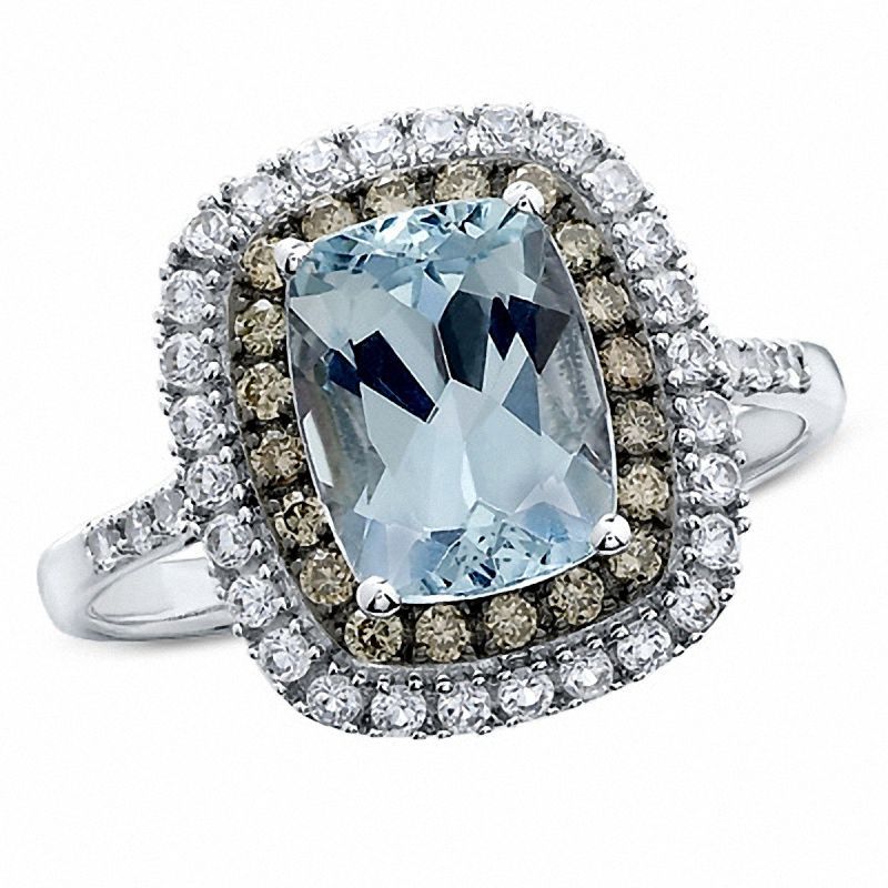 Cushion Cut Aquamarine And Lab Created White Sapphire Ring With Enhanced  Champagne Diamonds In 14k White Gold | Zales Outlet Intended For Aquamarine And Diamond Cushion Halo Rings (View 20 of 25)