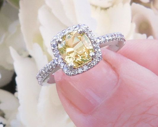 Cushion Cut Natural Yellow Sapphire Diamond Engagement Ring In 14k White  Gold (View 2 of 25)