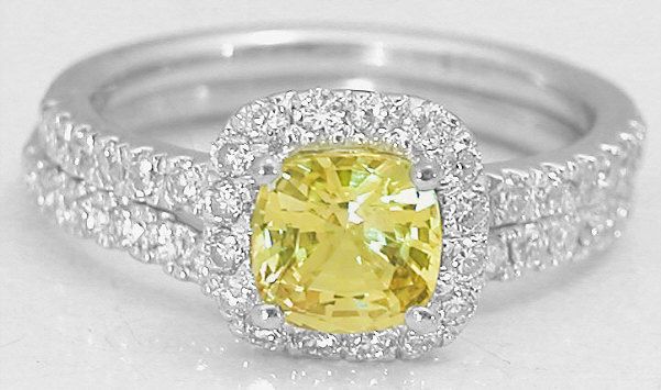 Cushion Cut Yellow Sapphire Diamond Halo Engagement Ring With Matching Diamond  Wedding Band Ring In 14k Gold (gr 5990) With Regard To Yellow Sapphire And Diamond Rings (View 5 of 25)