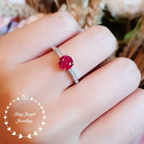 Delicate 1 Carat Round Cut Genuine Lab Grown Ruby Engagement – Etsy Throughout Ruby Delicate Halo Rings (View 16 of 25)
