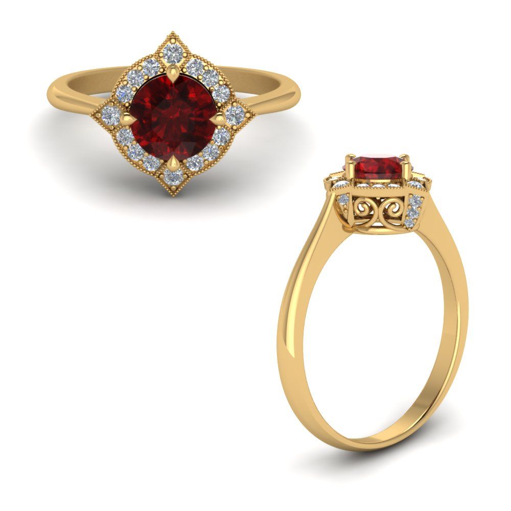Delicate Vintage Ruby Halo Engagement Ring In 14k Yellow Gold | Fascinating  Diamonds Regarding Ruby Delicate Halo Rings (View 4 of 25)