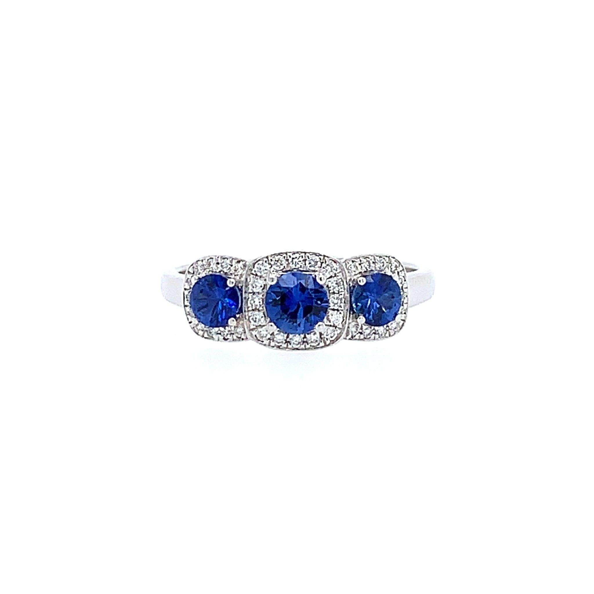 Diamond And Sapphire Halo Trinity Ring – Minichiello Jewellers For Oval Sapphire And Diamond Trinity Rings (View 15 of 25)