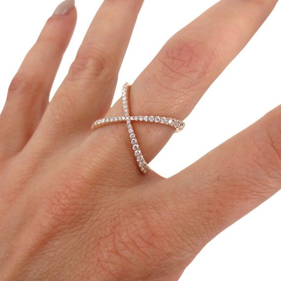 Diamond Pave Criss Cross X Ring In 18k Rose Gold – Etsy India Intended For “x” Rings With Diamond Pave (View 11 of 25)