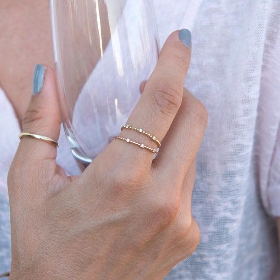 Diamond Ring Thin Diamond Ring Minimal Beaded Ring Solid – Etsy France Inside Thin Gold Beaded Rings (View 4 of 25)