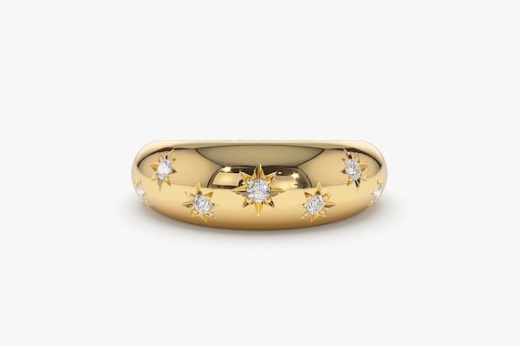 Diamond Starburst Ring / 14k Solid Gold Star Setting Diamond – Etsy Intended For Starry Yellow Diamond Dome Rings (View 1 of 25)