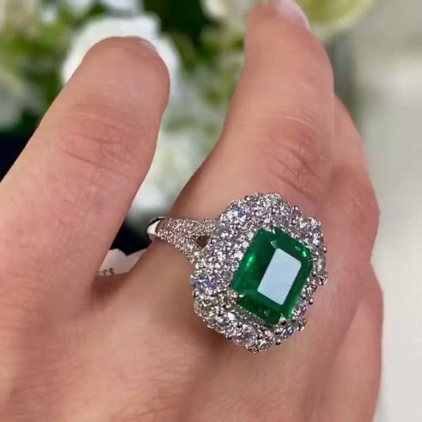 Double Halo Emerald Cut Engagement Ring For Women In Sterling Silver |  Sayabling Jewelry Regarding Emerald Rings With Double Halo (View 17 of 25)