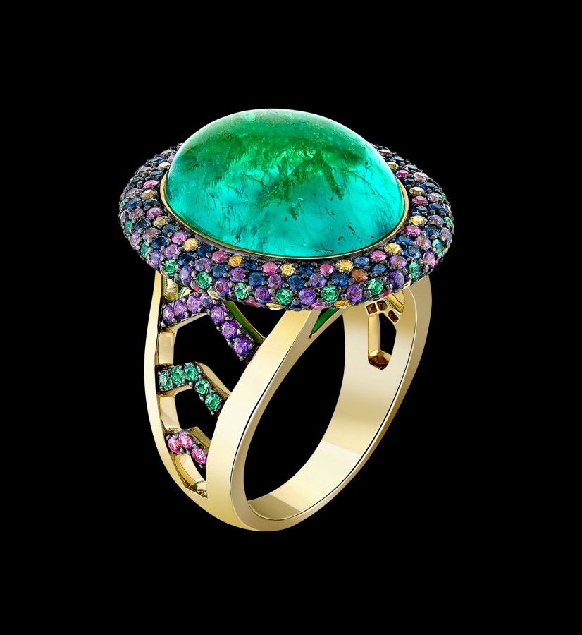 Emerald Cabochon And Coloured Sapphire Ring – Women's – Shop Pertaining To Emerald Cabochon Halo Rings (View 3 of 25)