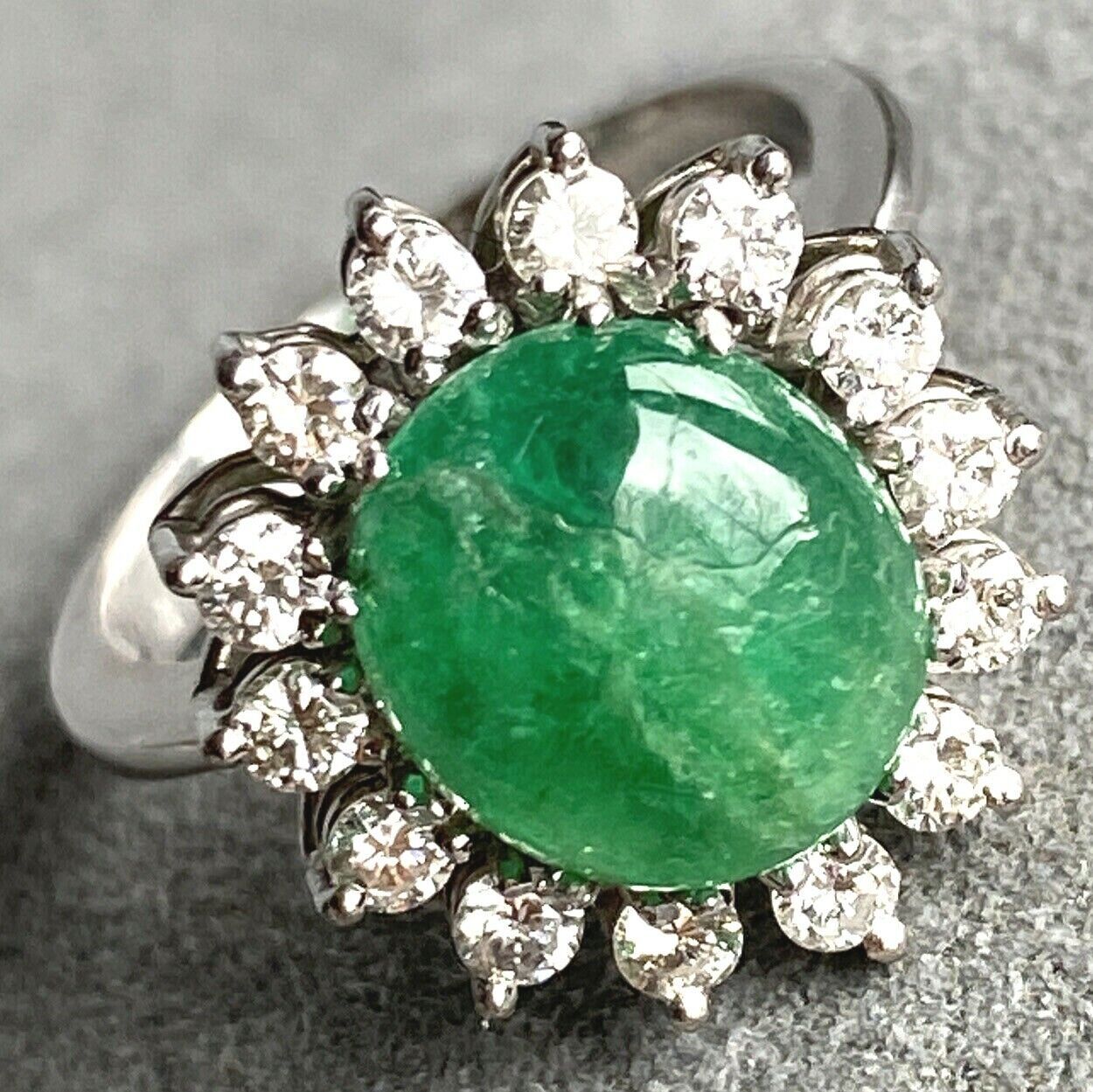 Emerald Cabochon Diamond Halo 18k White Gold Openwork Vintage Ring Size   (View 21 of 25)
