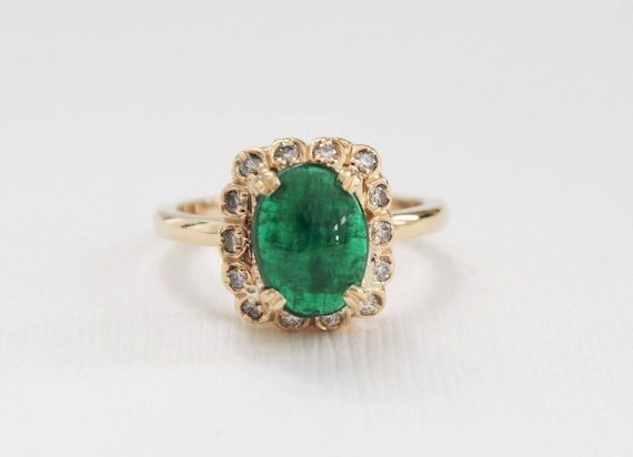 Emerald Cabochon Scalloped Diamond Halo Engagement Ring – Etsy Australia Inside Emerald Cabochon Halo Rings (View 15 of 25)